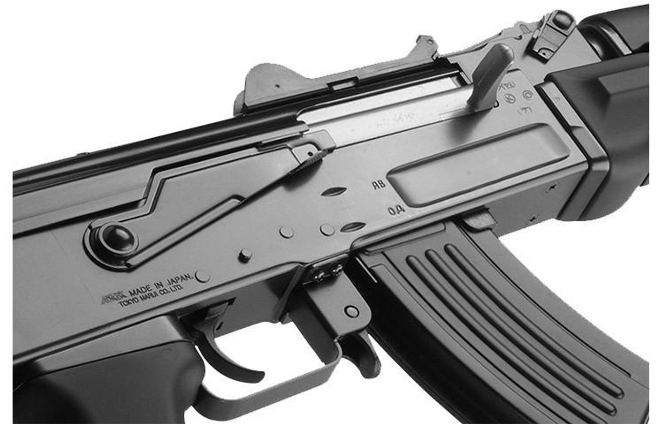 Tokyo Marui AK47 B-SPETSNAZ AEG Airsoft Rifle, Black - view of 250 round magazine, trigger, switch for firing mode and the charging handle