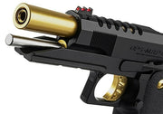 Tokyo Marui Hi-Capa 5.1 Gold Match Airsoft Pistol Black/Gold with Slide Retracted and Barrel Assembly Exposed