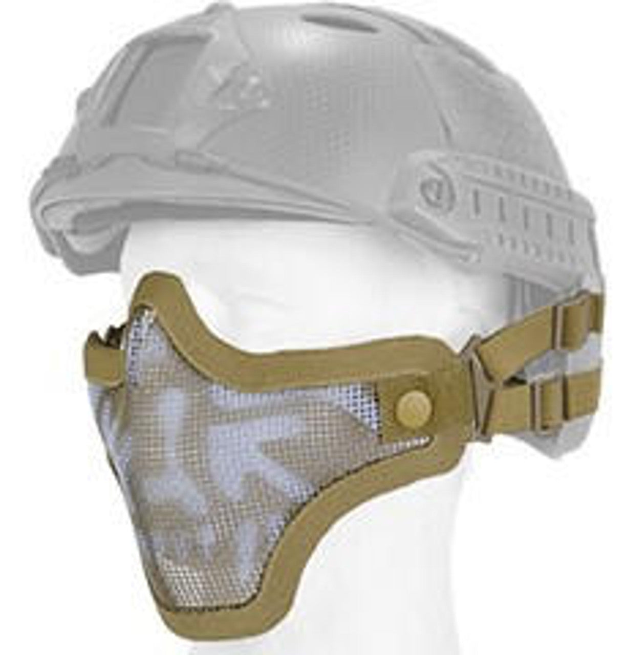 UK Arms Helmet Version Skull Metal Mesh Half Mask in Desert Tan, featuring a striking skull design, breathable metal mesh construction, adjustable straps, and helmet compatibility for airsoft lower face protection.