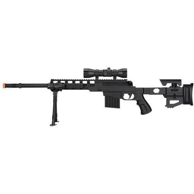 UK Arms P1402 spring-powered airsoft sniper rifle with mock suppressor and top rail