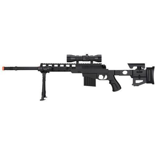 UK Arms P1402 spring-powered airsoft sniper rifle with mock suppressor and top rail
