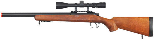 UK Arms VSR-10 bolt action airsoft sniper rifle with scope, wood finish, displayed with tactical accessories