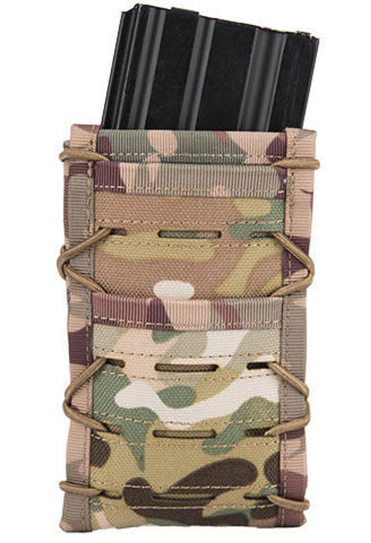 Ukarms Single High Speed M4 Molle Magazine Pouch in Camo, designed to hold one M4/M16 magazine, featuring durable nylon fabric, adjustable grip, and MOLLE compatibility for secure attachment to tactical gear