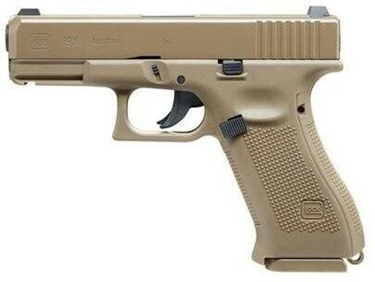 UMAREX GLOCK 19X Gen 5 CO₂ air pistol in coyote tan with metal slide, blowback action, and 18-round magazine

