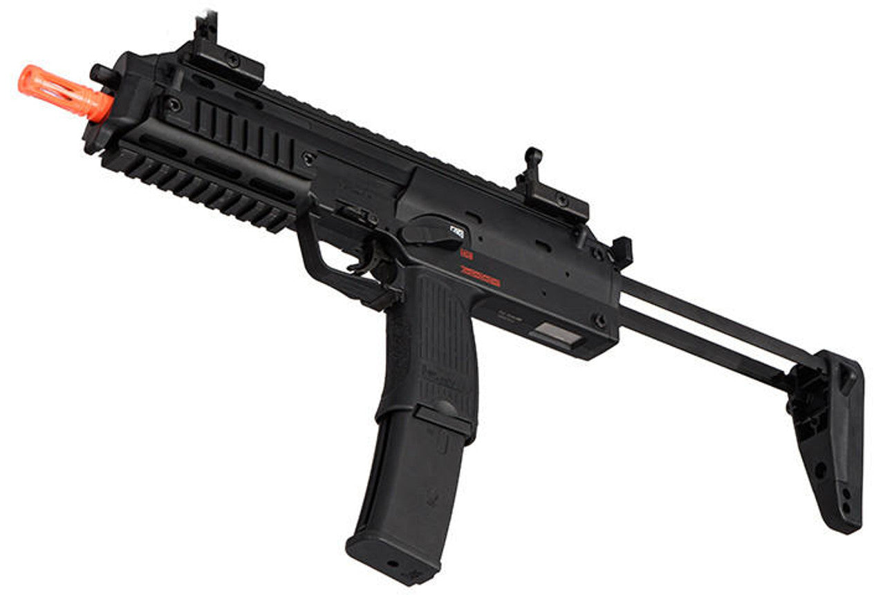 Umarex H&K MP7 Navy airsoft rifle - extended stock, magazine, muzzle, upper view of back and front sight