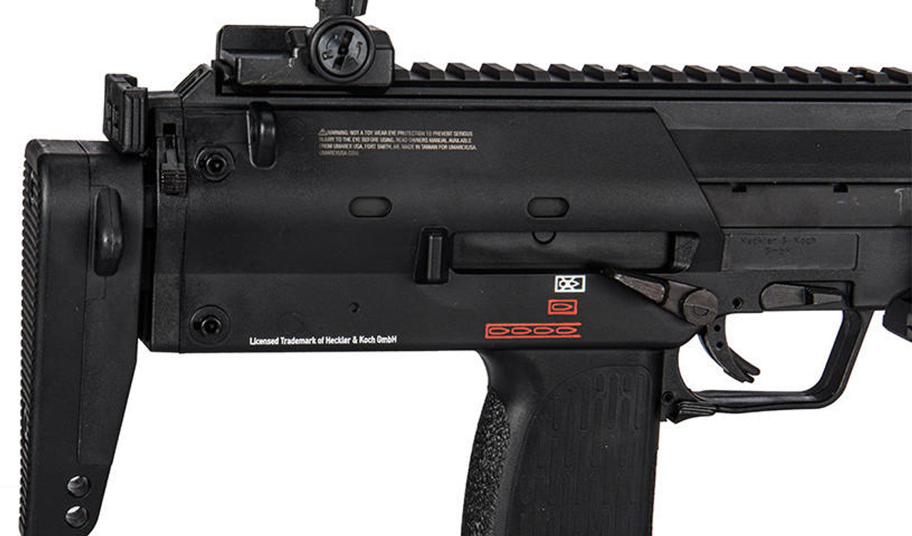 Umarex H&K MP7 Navy airsoft rifle - View of the trigger, grip, switch, rear sight, and stock