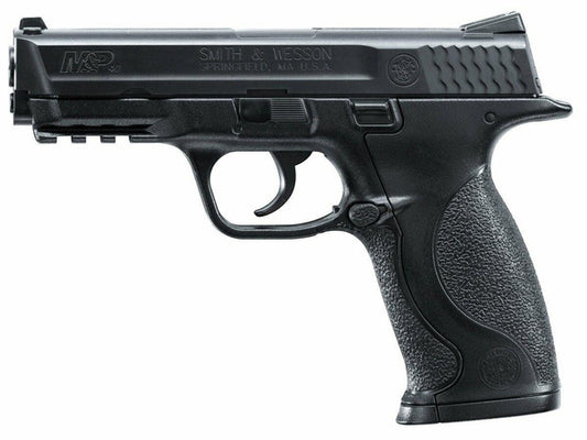 Umarex Smith & Wesson M&P .177 caliber CO₂ BB pistol in black with realistic polymer frame, fiber-optic front sight, and tactical accessory rail.