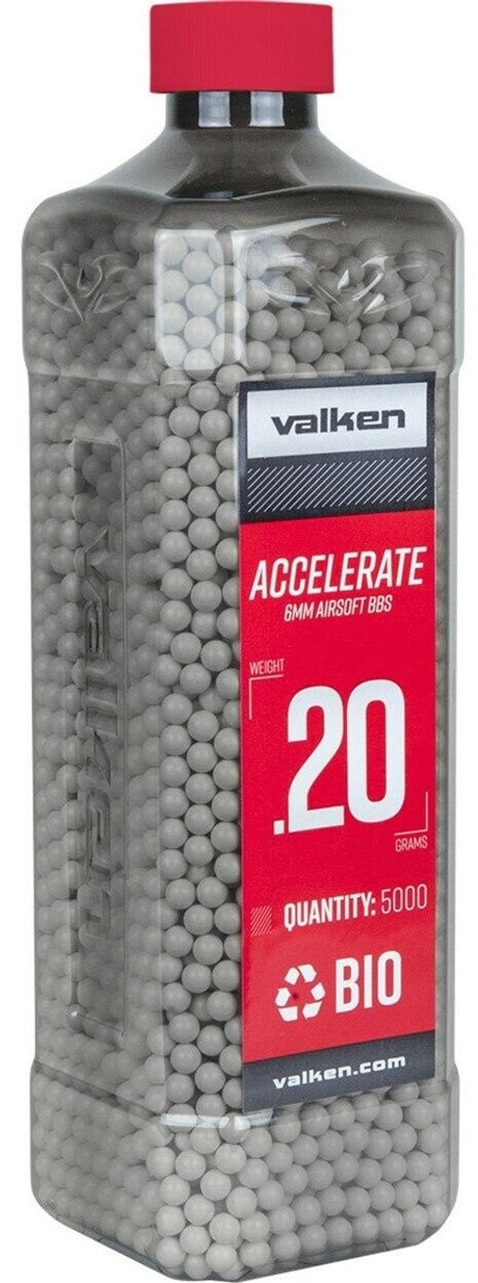 Valken Accelerate 0.20g Biodegradable Airsoft BBs, 5000 rounds in a resealable bag, eco-friendly, white color