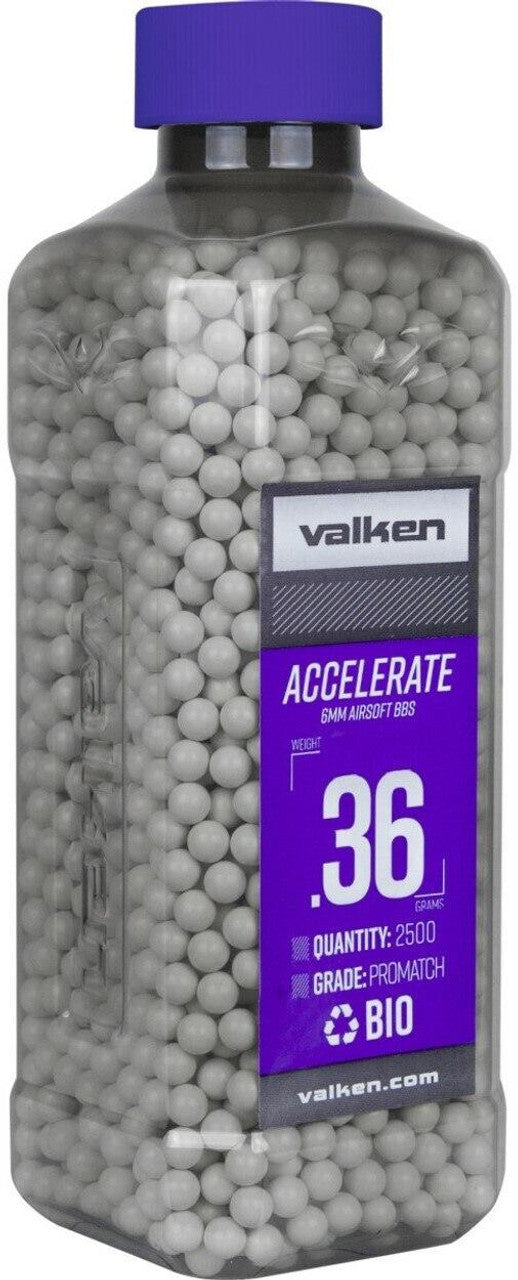 Valken Accelerate 0.36g White Biodegradable Airsoft BBs – 2500 Count Bottle for Long-Range Shooting