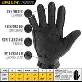 Image of Alpha glove features and size chart