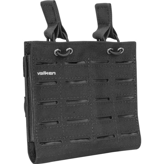 "Black Valken Multi Rifle Double Mag Pouch LC, lightweight at 4.8 oz (0.3 lbs), holds 2 rifle magazines securely, durable with laser-cut MOLLE slots and adjustable hook-and-loop flap closure.