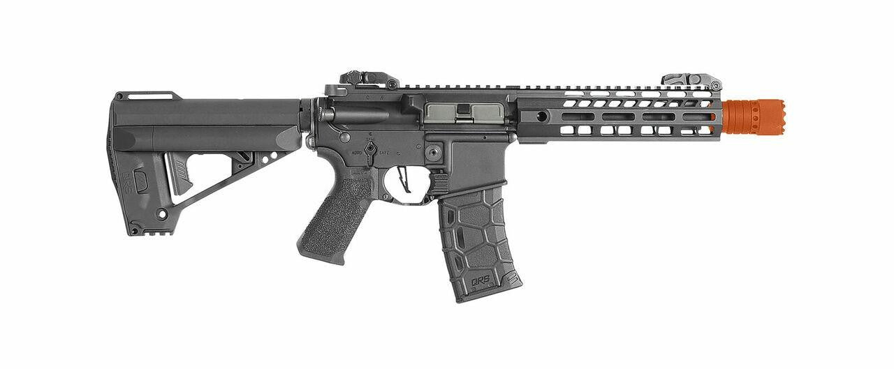 Left side view of VFC Avalon Saber CQB AEG showing muzzle, Magazine, pistol grip, trigger, and stock 