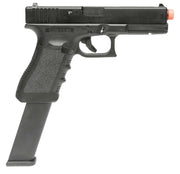 Glock G18C Gen3 Gas Blowback Airsoft Pistol by VFC / Elite Force w/ Extended Magazine, Black right-side view of extended magazine, trigger, and orange tip in the front