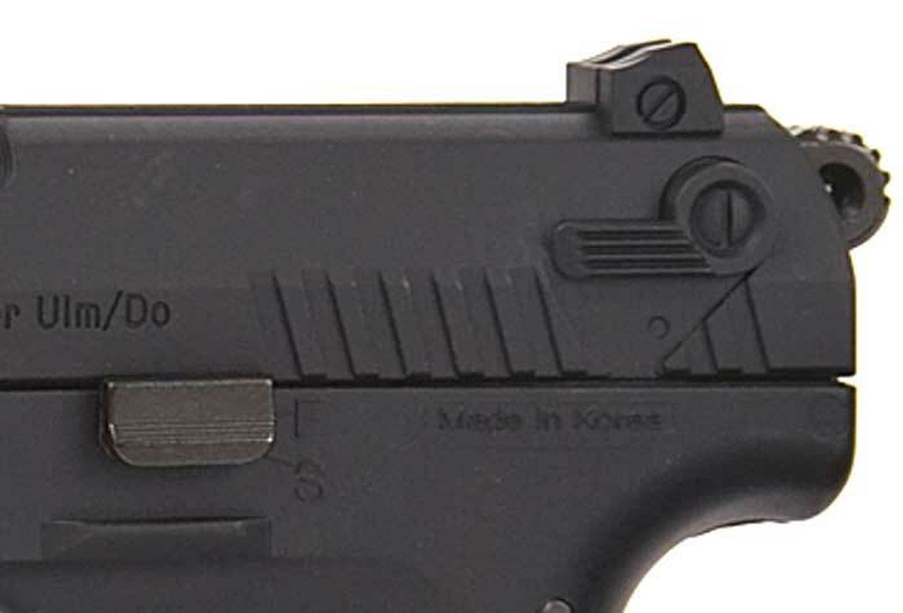 Walther P22 Special Operations Airsoft Spring Pistol With View of Rear Sight, Hammer and Barrel