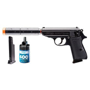 Complete Walther Spring PPK/S Operative Kit with pistol, mock suppressor, magazine, and BBs