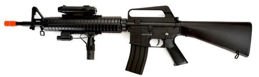 Well M16A3 Airsoft Rifle side profile showing laser and flashlight attachments