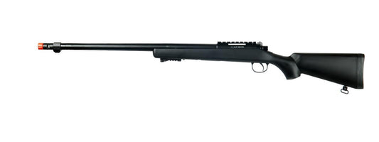 Well MB07 Bolt Action Airsoft Sniper Rifle in black, featuring a spring-powered mechanism, adjustable stock, metal bipod, and Weaver/Picatinny rails.