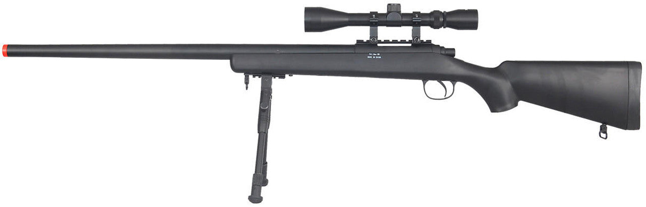 Well VSR-10 bolt action airsoft sniper rifle with scope and bipod, black finish, displayed with tactical accessories