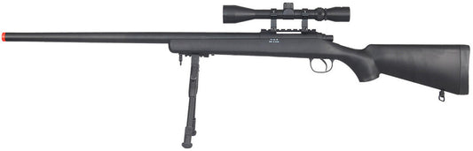 Well VSR-10 bolt action airsoft sniper rifle with scope and bipod, black finish, displayed with tactical accessories