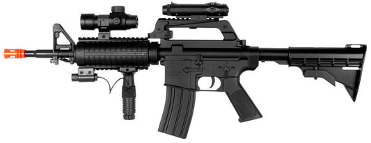 Wellfire M4 RIS Spring Airsoft Rifle in black with mounted red dot sight and tactical flashlight on quad rail system