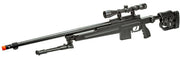 WellFire MB4415BAB bolt action airsoft sniper rifle in black, shown with mounted scope and detachable bipod right angel view