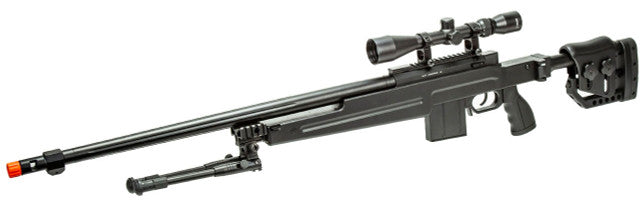 WellFire MB4415BAB bolt action airsoft sniper rifle in black, shown with mounted scope and detachable bipod right angel view