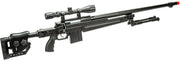 WellFire MB4415BAB bolt action airsoft sniper rifle in black, shown with mounted scope and detachable bipod