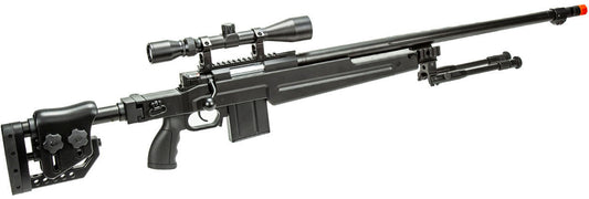 WellFire MB4415BAB bolt action airsoft sniper rifle in black, shown with mounted scope and detachable bipod