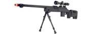 WellFire MB4416 M40A3 Bolt Action Airsoft Sniper Rifle w/ Scope & Bipod, Black left side view with Scope, Bipod, and Magazine attached