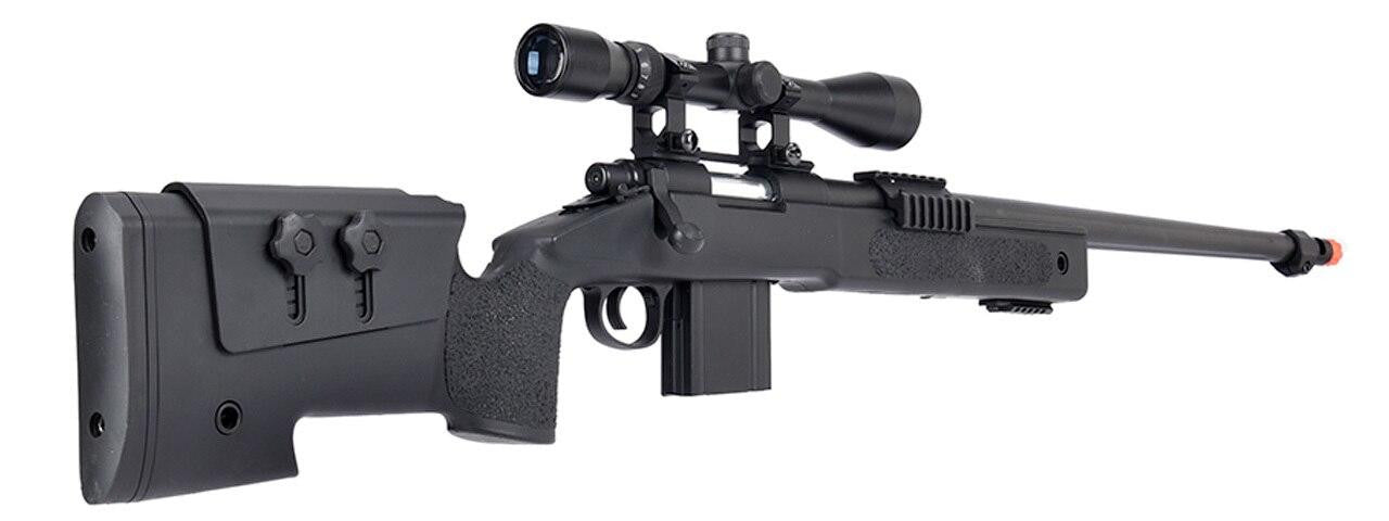 WellFire MB4416 M40A3 Bolt Action Airsoft Sniper Rifle back side view of stock, magazine, scope, and Barrel