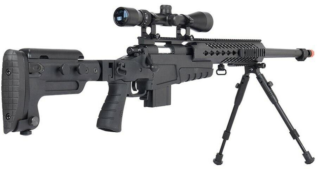 WellFire MB4418-3 Bolt Action Airsoft Sniper Rifle with right angle view of  Scope & Bipod, Black