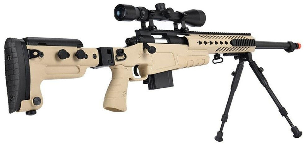 
WellFire MB4418-3 Bolt Action Airsoft Sniper Rifle with View of the stock, Scope, and Open Bipod