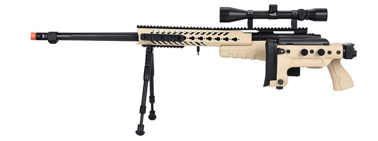 WellFire MB4418-3 Bolt Action Airsoft Sniper Rifle with folded stock and view of the scope, bipod, and barrel