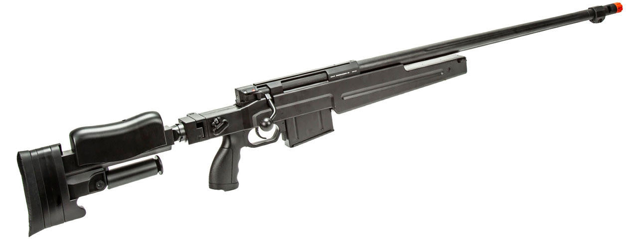 Ergonomic black polymer sniper stock with cheek rest and textured grip on MBG86B rifle
