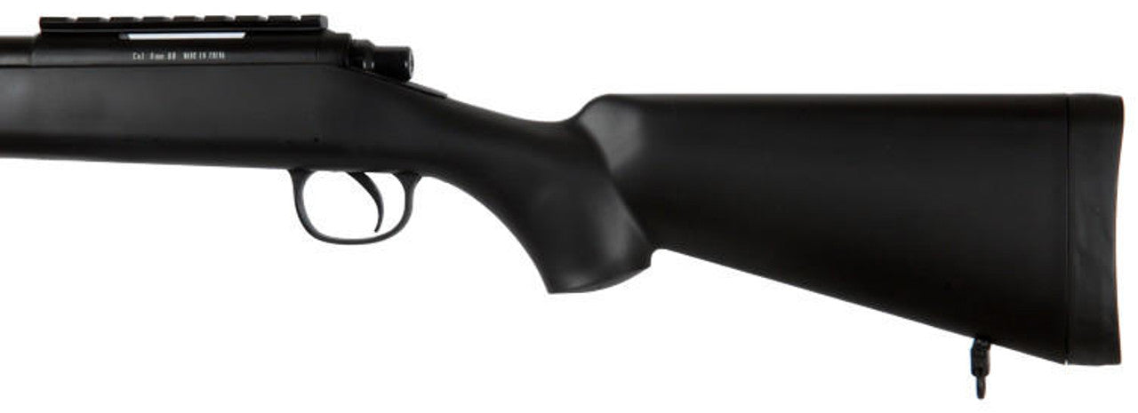 Wellfire VSR-10 bolt action airsoft sniper rifle in black with view of the rifle stock