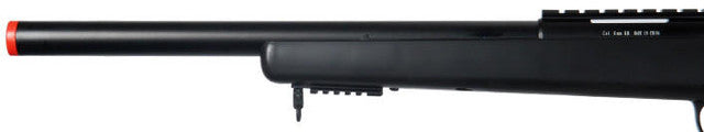 Wellfire VSR-10 bolt action airsoft sniper rifle in black with view of under barrel rail and sling clip view