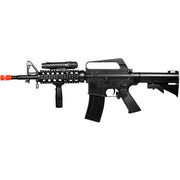Front view of Wells M16A4 spring airsoft rifle with attached scope and vertical grip