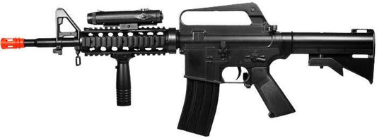 Front view of Wells M16A4 spring airsoft rifle with attached scope and vertical grip