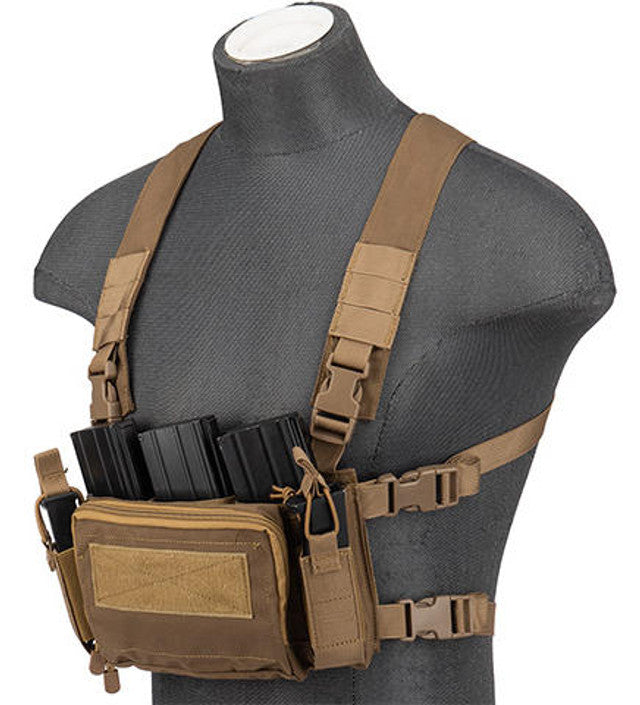 Side View of WOSport Multifunctional Tactical Chest Rig in Tan, Adjustable Straps and Tactical Design
