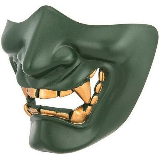 "Yokai Ogre Padded Polymer Lower Face Mask in green, featuring durable nylon polymer construction, padded interior for comfort, and breathable mesh design for tactical airsoft activities.